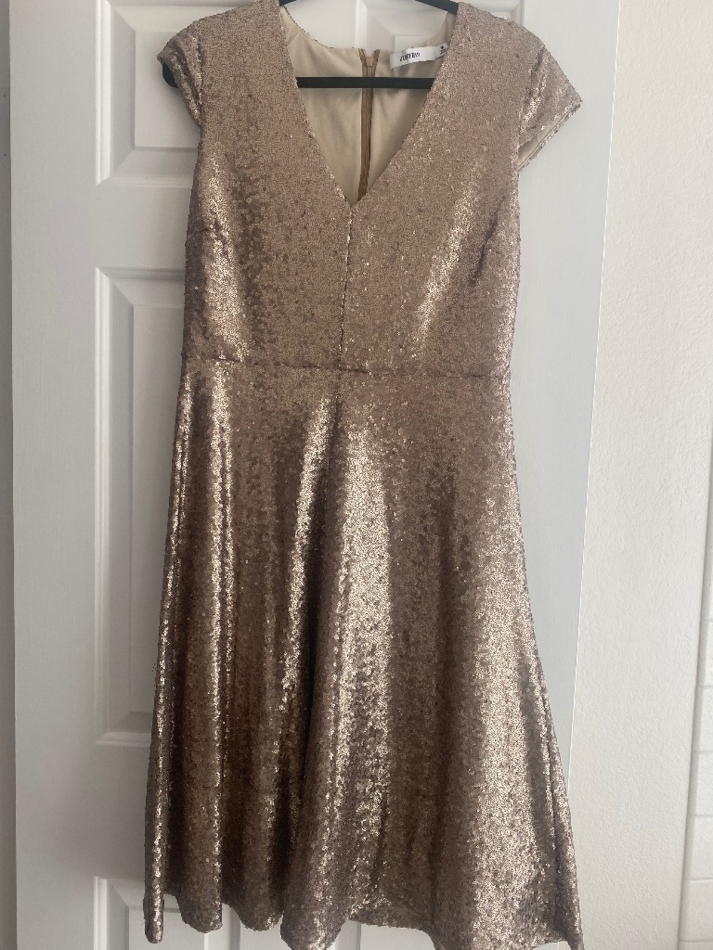 JUSTFAB V-Neck Flare Sequin Dress Rose Gold Sz M